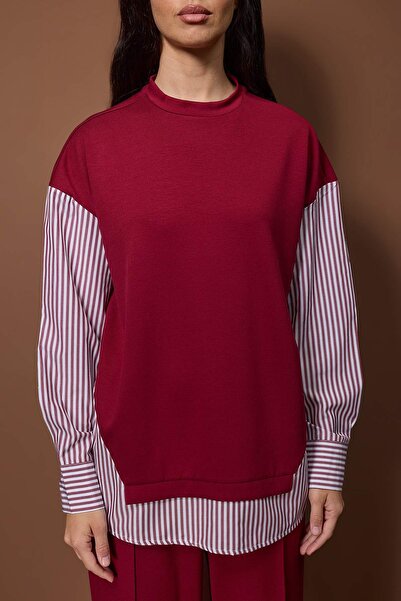 Trendyol Modest Burgundy Striped Woven Fabric Detailed Knitted Top and Bottom Set Tctss25Us00042