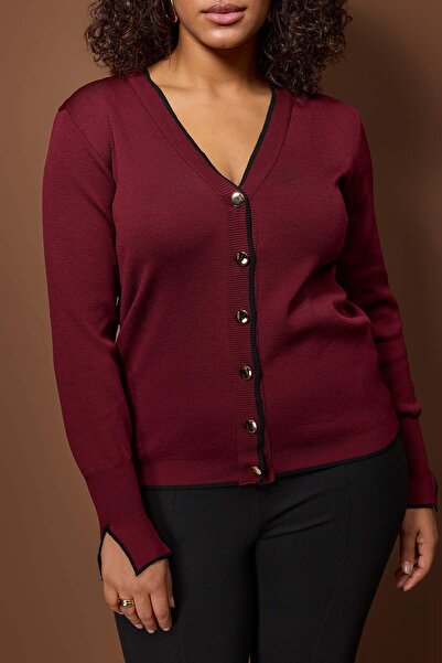 Trendyol Curve Μπορντό Κουμπί Λεπτομερής Ριγέ Πλεκτή Ζακέτα TBBAW24AV00014