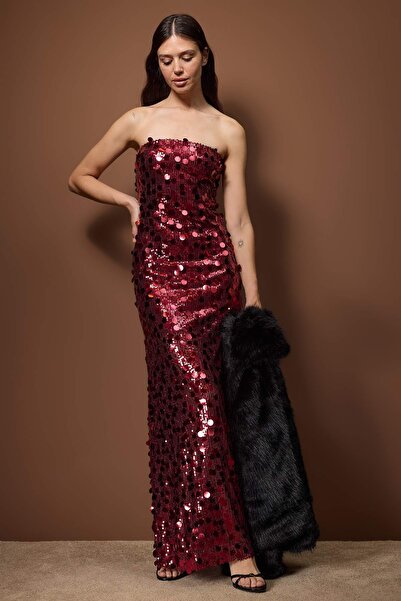 Trendyol Collection Burgundy Glitter Sequin Lined Stylish/New Year's Eve Dress
