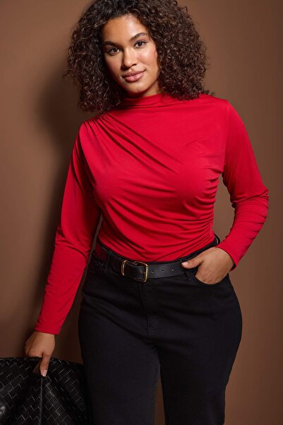 Trendyol Curve Red Sandy Ruched Detail Long Arm Knitted Large Size Blouse Tbbaw26Af00104