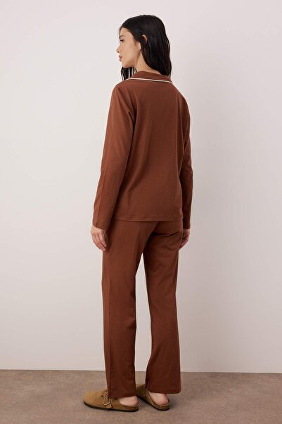 Trendyol Collection Brown 100% Cotton Plain 30/1 Openend Single Jersey Knitted Pajama Set Thmaw22Pt0785