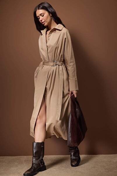 Trendyol Collection Mink Belted Midi Woven Dress Twoaw26El00338