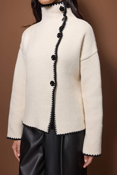 Trendyol Collection Ecru Mock Neck Color Block Knitwear Cardigan Twoaw26Hi00295