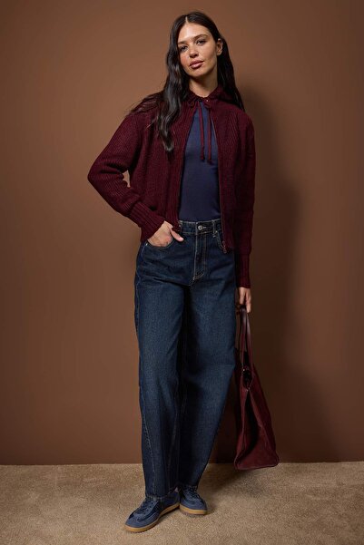 Trendyol Collection Plum Soft Textured Hooded Zipper Knitwear Cardigan Twoaw26Hi00296