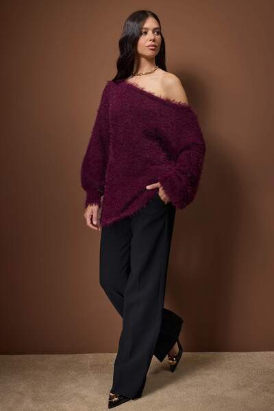 Trendyol Collection Pulover tricotat cu guler răsturnat, cu pene de prune, TWOAW25KZ00169