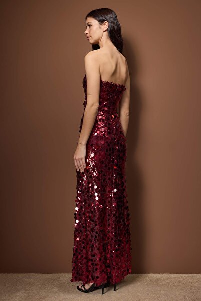Trendyol Collection Burgundy Glitter Sequin Lined Stylish/New Year's Eve Dress