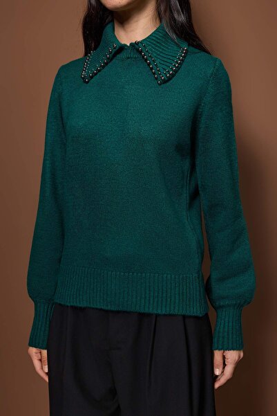 Trendyol Collection Emerald Green Polo Neck Stone Detailed Knitwear Sweater Twoaw26Kz00222