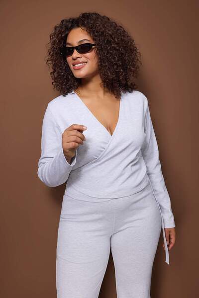 Trendyol Curve Gray Double-Breasted Closed-Fitting Long-Sleeved Flexible Knitted Top-And-Bottom Set
