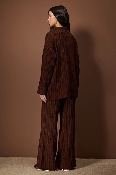 Trendyol Modest Brown Regular Hair Weave Straight Knitwear Hijab Bottom - Top Set Tctaw26Us00073