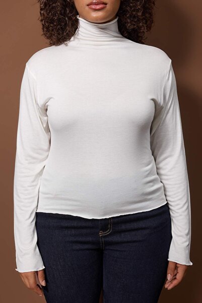 Trendyol Curve Ekru Fake Tricot Mock Neck Transparent Ultra Hafi Knitted Large Size Blouse Tbbaw26Af00113