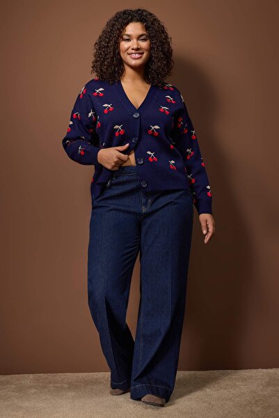 Trendyol Curve Navy Blue Cherry Patterned V-Neck Crop Knitwear Cardigan Tbbaw23Av00028