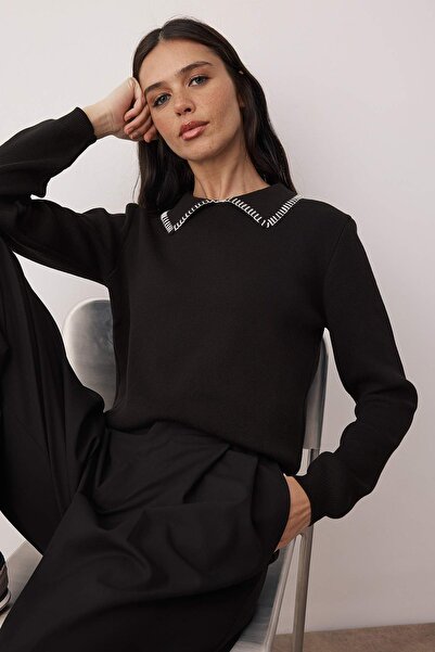 Trendyol Collection Black Cotton Content Collar Stitching Detail Knitwear Sweater Twoaw26Kz00204