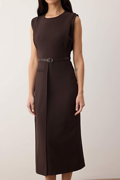 Trendyol Collection Brown Belt Detailed Woven Midi Dress Twoaw26El00078