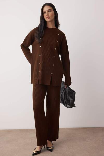 Trendyol Modest Σκούρο καφέ oversized Ribana/ πλέξη ριμπ Απλό πλεκτό Τεσσάρτο Μαντίλι Κάτω - Επάνω Σετ TCTAW26US00071