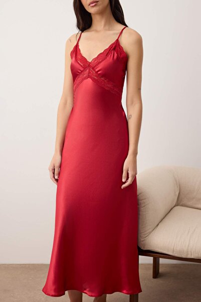 Trendyol Collection Burgundy Single 100% Polyester Plain Lace Satin Woven Nightgown Thmss24Gc00003