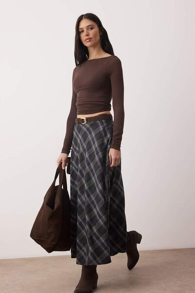 Trendyol Collection Navy Blue Black Plaid Woven Long Maxi Skirt Twoaw26Et00164