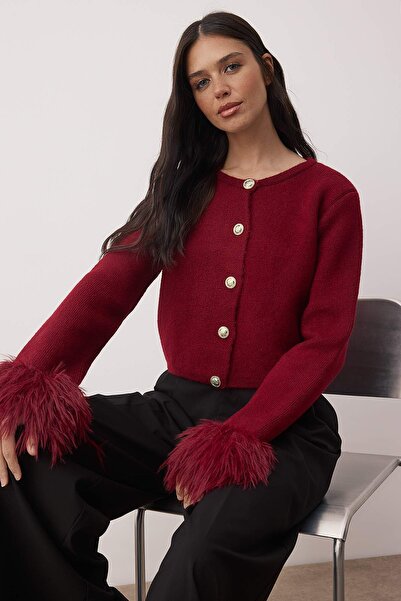 Trendyol Collection Burgundy Otriş and Button Detailed Knitwear Cardigan Twoaw26Hi00280