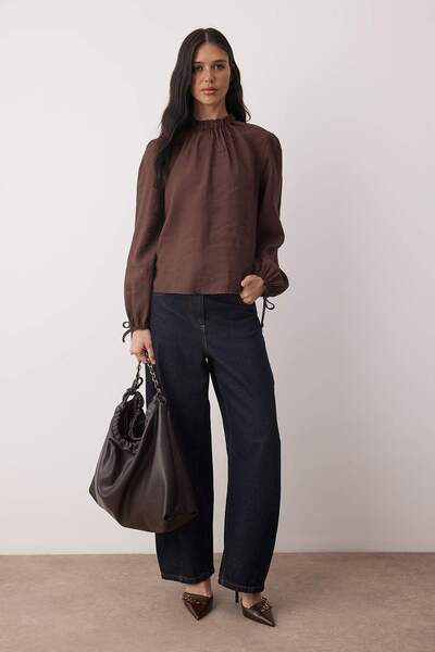 Trendyol Collection Ειδική συλλογή Μπλούζα ψηλός λαιμός Modal Woven με καφέ μανίκια με μπαλόνια TWOAW26BZ00145