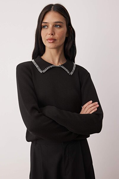 Trendyol Collection Black Cotton Content Collar Stitching Detail Knitwear Sweater Twoaw26Kz00204