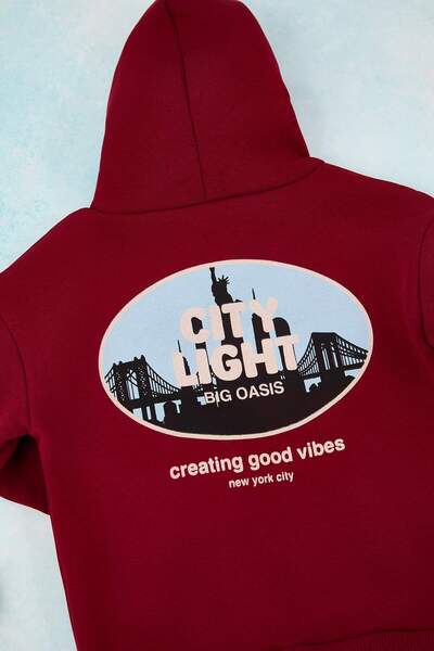 TRENDYOLKIDS Claret Red Cotton Hooded Thick/Inside Fleece O Oversized Boys' Knitted Bottom - Top Set Tkdaw26Au00035