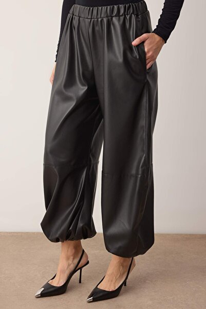 Trendyol Collection Black Shalwar/Harem Leather Stylish Trousers with Rubberized Legs Tpraw26Pl00003