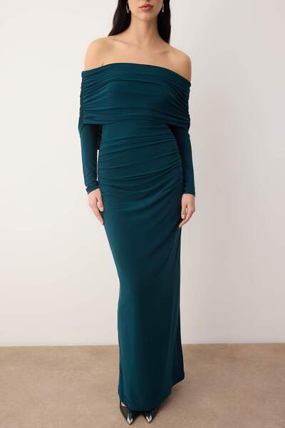 Trendyol Collection Rochie Maxi din material subțire elastică, cu guler Carmen, cu șnur, ediție limitată TWOAW26EL00112