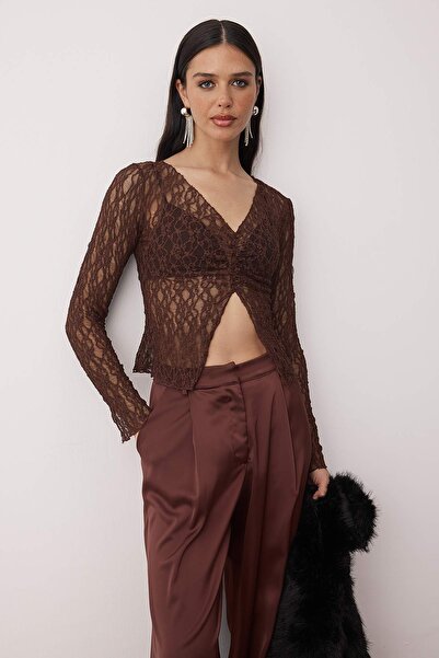 Trendyol Collection Brown Unlined V-Neck Lace Party Blouse Tpraw26Bz00069
