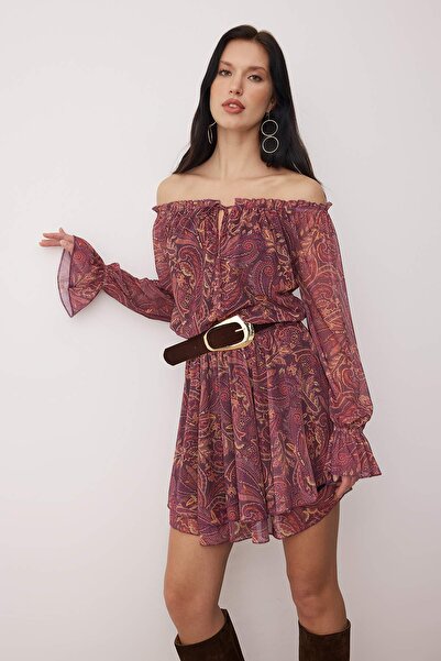 Trendyol Collection Multi-Colored Abstract Ruffled Short/Mini Skater Knitted Dress Twoaw26El00048