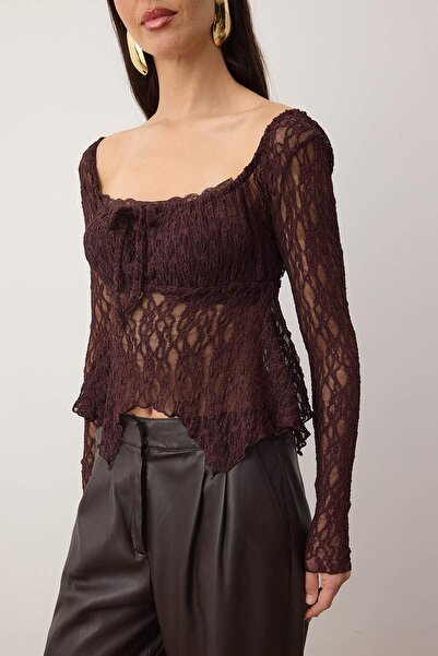 Trendyol Collection Burgundy Square Neck Lace Party Blouse Tpraw26Bz00070