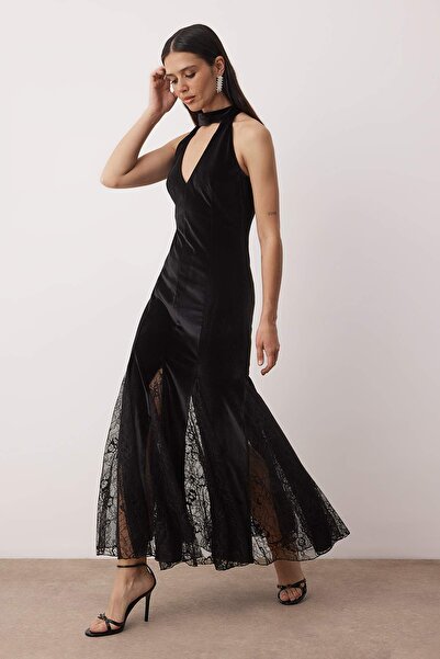 Trendyol Collection Black Lace Detailed Knitted Velvet Maxi Unlined Dress Tpraw26El00113