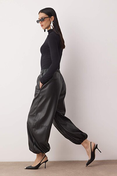 Trendyol Collection Black Shalwar/Harem Leather Stylish Trousers with Rubberized Legs Tpraw26Pl00003