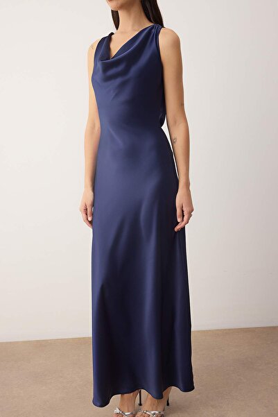 Trendyol Collection Navy Blue A-Line Degaje Collar Satin Maxi Stylish Dress Tprss25El00318