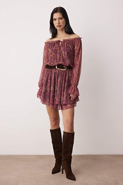 Trendyol Collection Multi-Colored Abstract Ruffled Short/Mini Skater Knitted Dress Twoaw26El00048