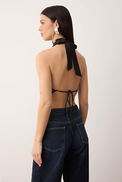 Trendyol Collection Black Stone Print Degaje Collar Sleeveless Satin Party Blouse Tpraw26Bz00057