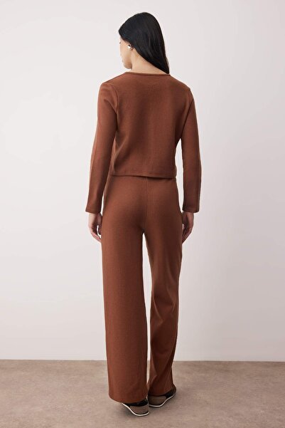 Trendyol Collection Dark Brown 3-Piece Thessaloniki/Triko Look Buttoned Stretch Knitted Bottom - Top Set Twoaw26Au00052