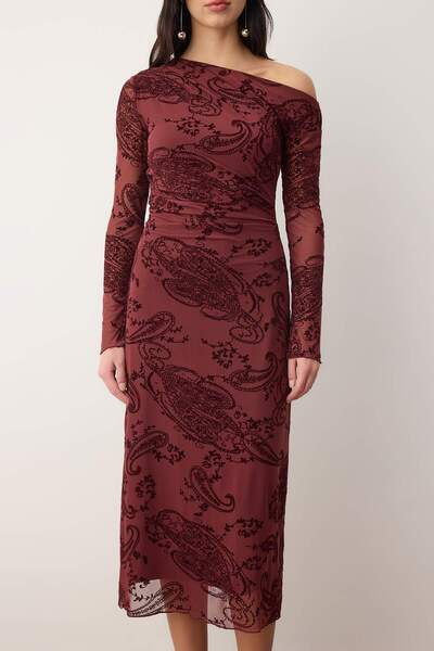 Trendyol Collection Burgundy Flock Printed Low Sleeve Bodycon/Fitted Flock Tulle Midi Knitted Dress Twoaw26El00362
