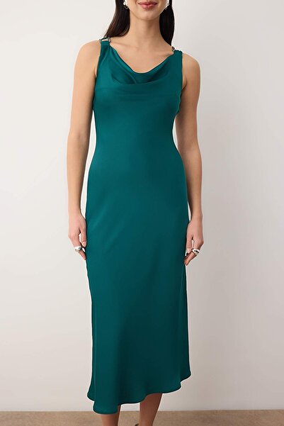 Trendyol Collection Woven Satin Midi Stylish/Evening Dress with Emerald Green Stone Accessories Tpraw26El00141