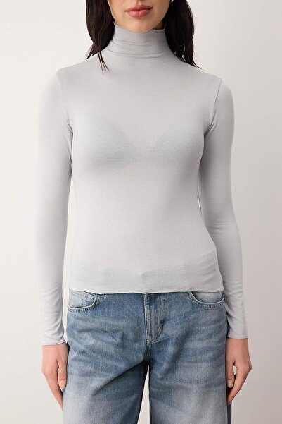 Trendyol Collection Gray Melange Transparent Mock Neck Flexible Regular Length Knitted Blouse Twoaw26Bz00266