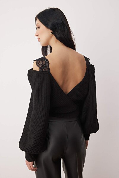 Trendyol Collection Black Lace Strap V-Neck Knitwear Sweater Twoaw26Kz00292