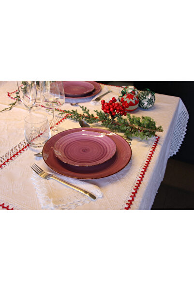 Nicoratex White tablecloth with white lace and set of 6 white napkins with white and red lace
