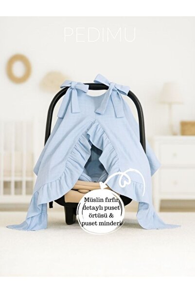 Pedimu Müslin Mavi Renk Fırfır Detaylı Puset Örtüsü Ve Puset Minderi Set