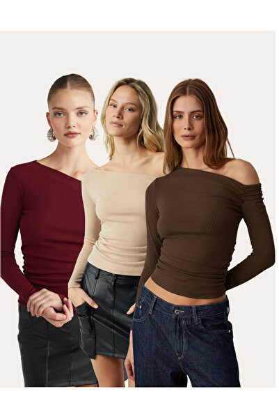 Patreon 3-Piece Asymmetric Collar Stretch Fabric Buzzy Stretchy Fabric Blouse