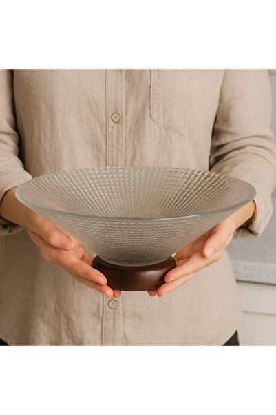 SUPPLIER Glass Fruit Tray with Wooden Base | 27 cm Diameter | Decorative Serving Bowl for Fruits, Desserts &
