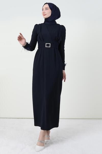 Giza Giyim Φόρεμα Hijab με λεπτομέρεια με πούπουλα Σκούρο Navy Blue