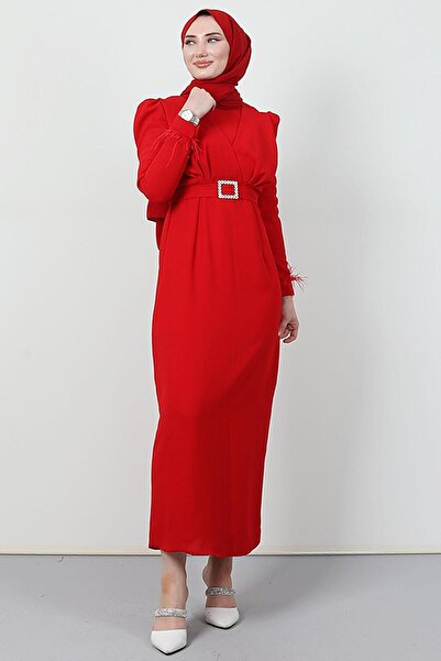 Giza Giyim Feather Detail Hijab Dress Red