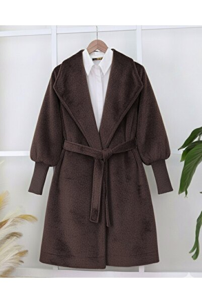 Modamorfo Ribbed Sleeve Shawl Collar Lined Cashmere Coat -K. Brown