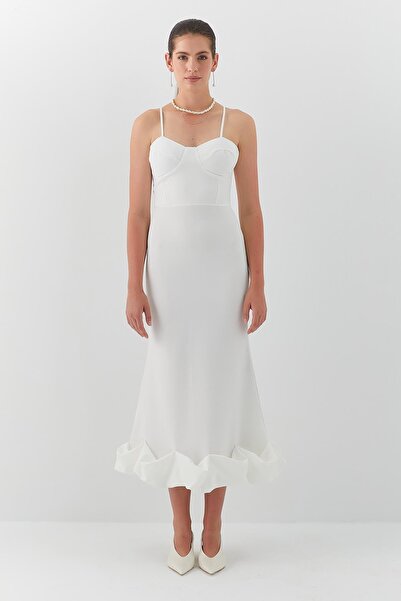 MARKALİSTE Midi Dress with Flared Hem and Straps White