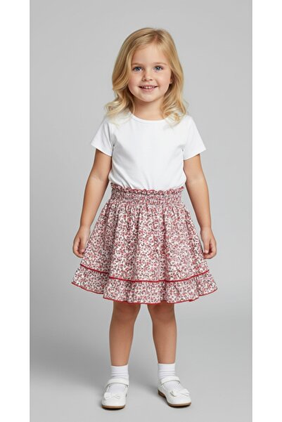 Şenkız Girl's Elastic Waist Floral Patterned Summer Casual Skirt