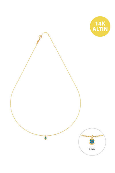 KURSHUNI Taşzız Mineli Mini Nazar, 14 Ayar Altın Kolye
