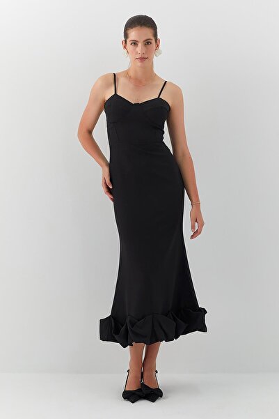 MARKALİSTE Midi Dress with Flared Hem and Straps Black